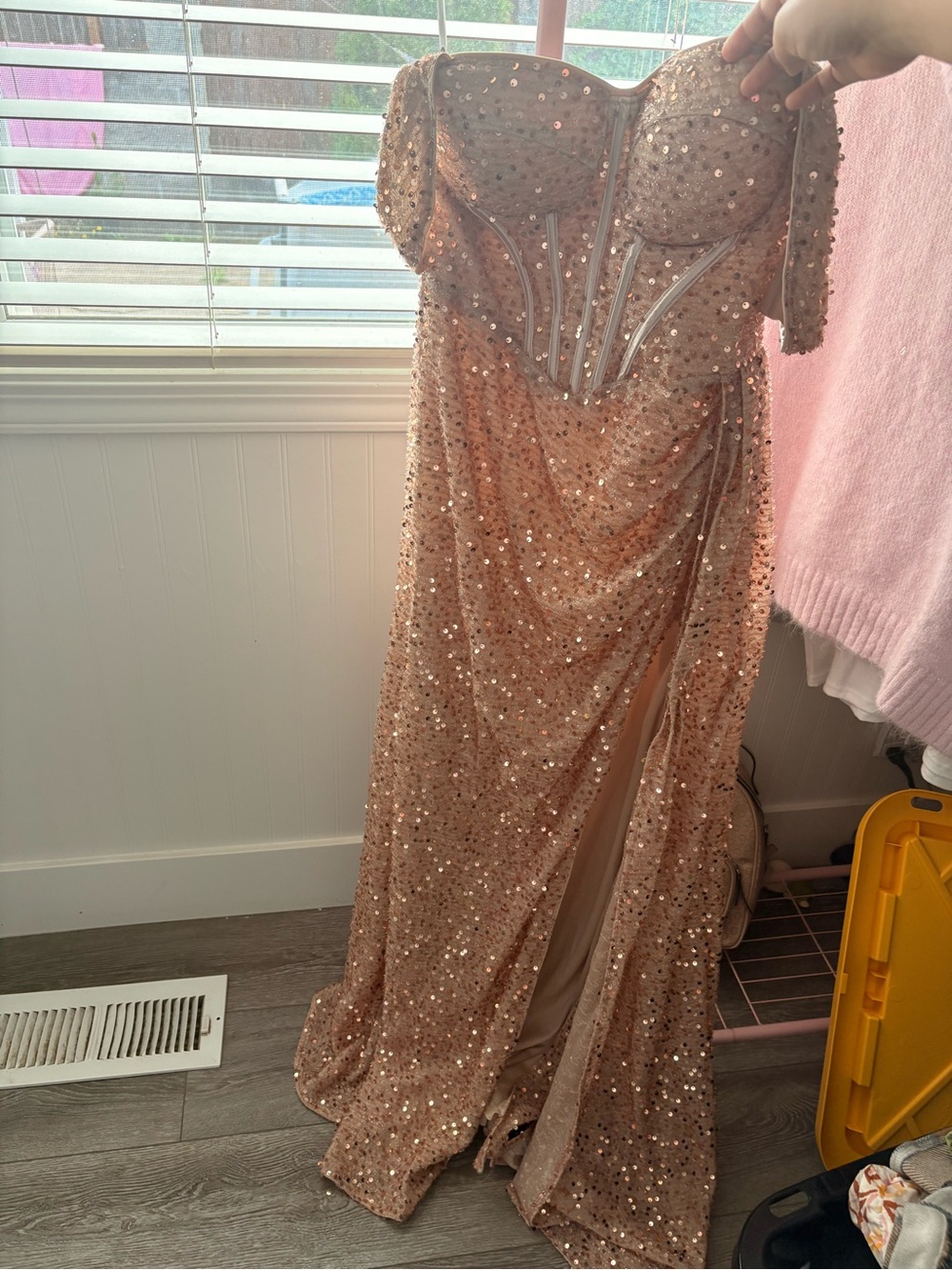 ADYCE Elegant Sequin Open Shoulder Pleated Waist Long Sash Tie Front Slit